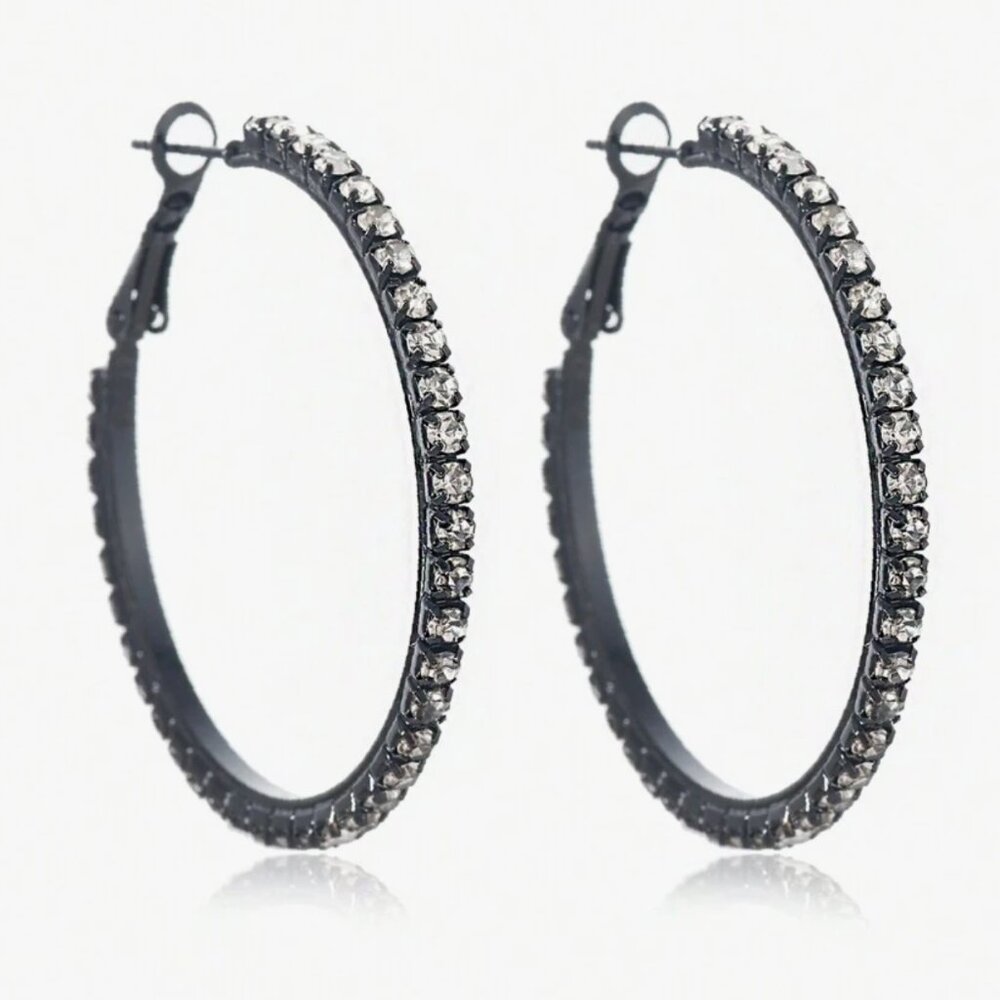 Classic Elegant Rhinestone Black Round Hoop Earrings - Picture 4 of 10